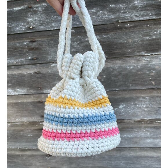 Vintage 1970s Cotton Crochet Pastel Stripe Drawstring Bag Purse - Picture 4 of 13
